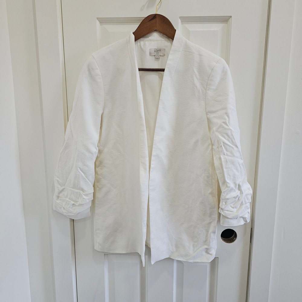 Loft Outlet White Open Front Ruched 3/4 Sleeve Textured Blazer Jacket MP Petite